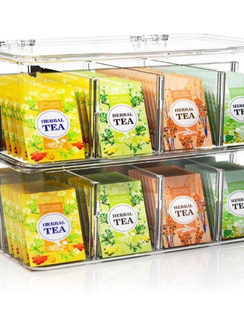 Tea Bag Organizer with Lids, Stackable Tea Box, 2 Pack, Clear